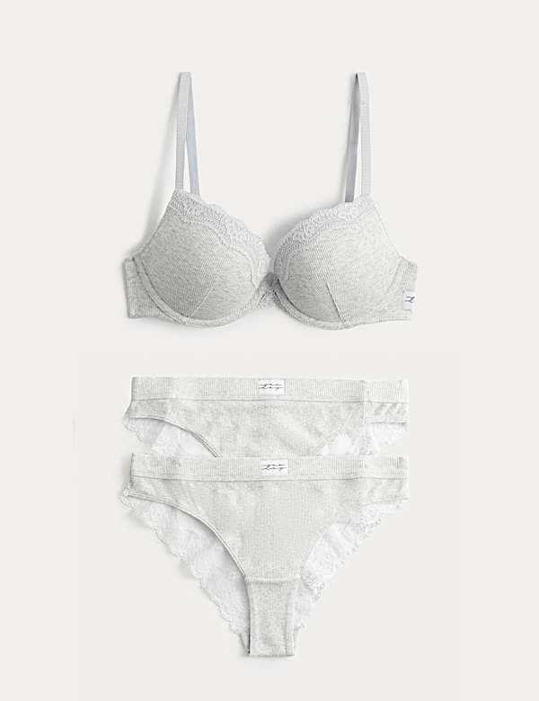 Juni Cotton Rib Wired Push-Up Plunge Bra Set A-E - AU