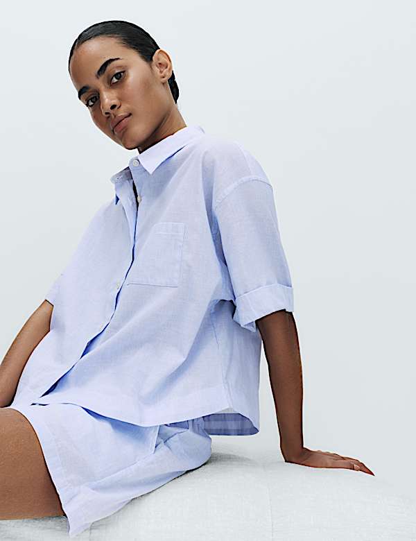 Pure Cotton Woven Stripe Collared Pyjama Top Set