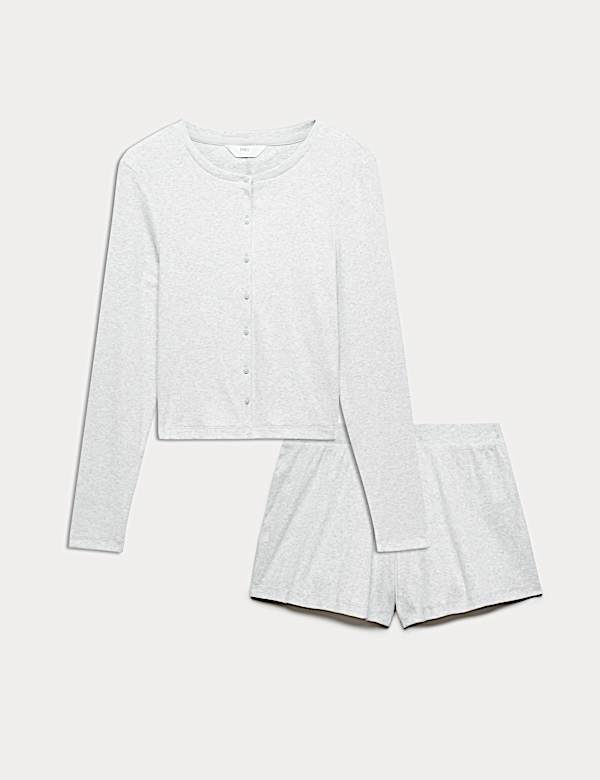 Geripptes Schlafanzugoberteil und Shorts mit hohem Baumwollanteil und Knopfleiste - AT