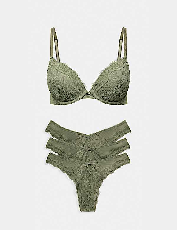 Jasmine Lace Wired Plunge Bra Set A-E - GR