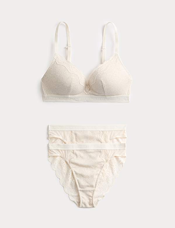 Lotta Cotton Blend Rib Non Wired Plunge Bra Set A-E - LU