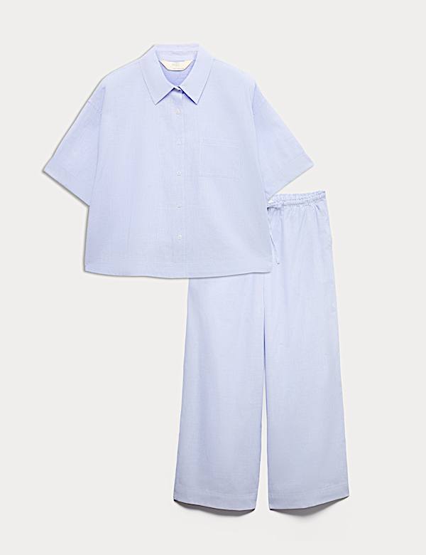 Pure Cotton Woven Stripe Collared Pyjama Set - FR