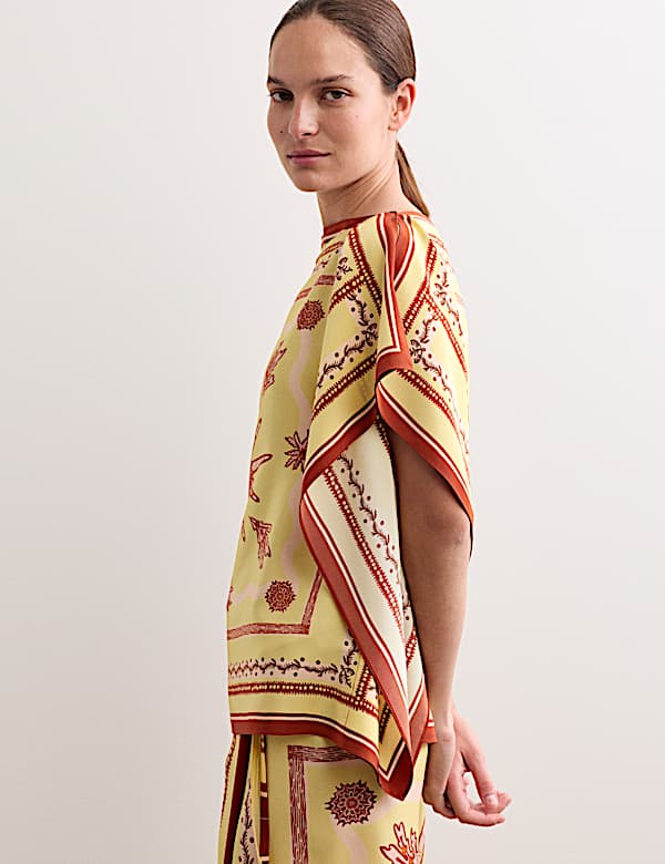 Ensemble imprim&eacute; top & jupe 100 % soie &agrave; encolure bateau - CA