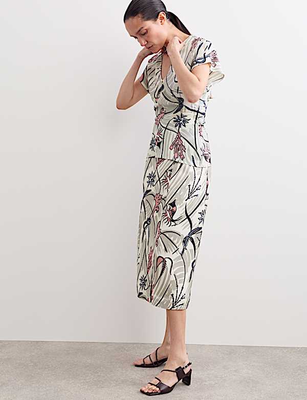 Pure Silk Floral Ruched V-Neck Top & Trouser Set