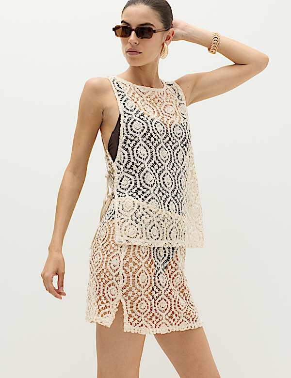 Open Textured Sleeveless Beach Top & Skirt Set