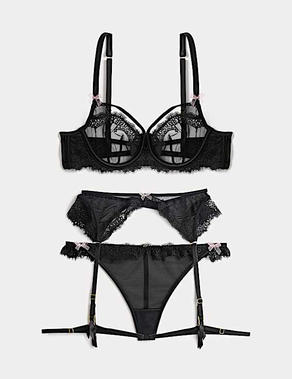 Magda Embroidery Wired Balcony Bra & Suspender Set A-E - DK