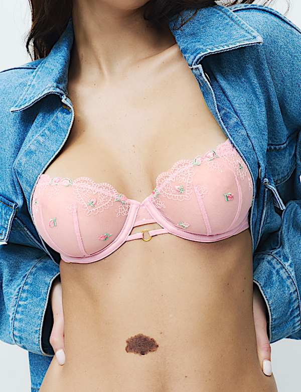 Leah Embroidery Wired Demi Cup Bra Set A-E - US