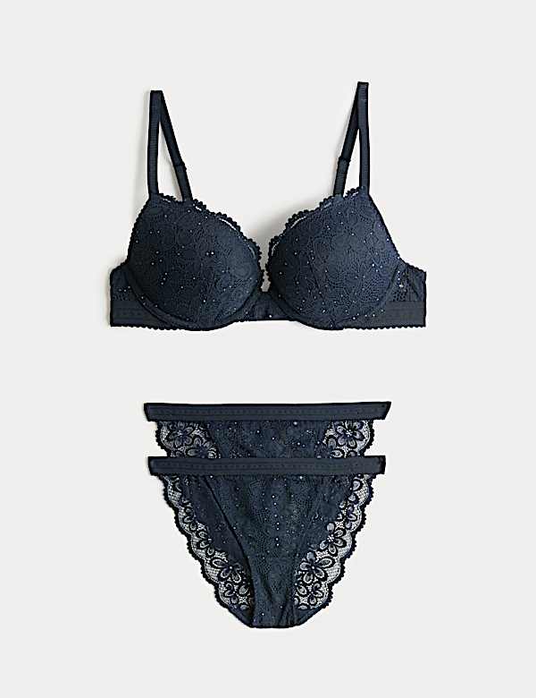 Cleo Sequin Lace Wired Push Up Plunge Bra Set A-E - AT