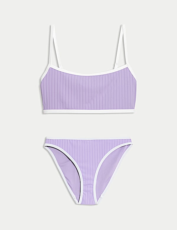 Ribbed Contrast Tipping Scoop Neck Bikini Set - JP
