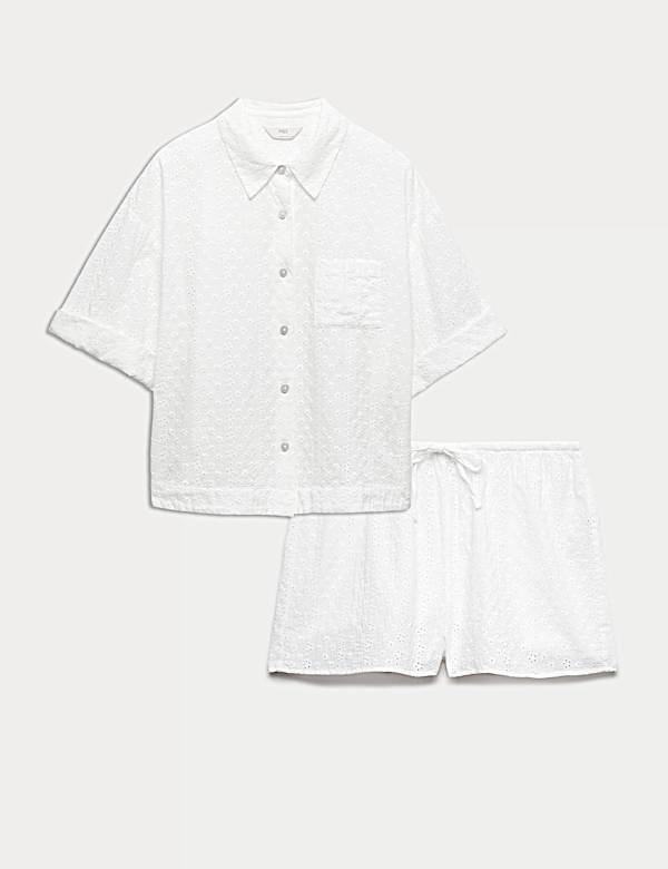 Pure Cotton Broderie Short Sleeve Pyjama Shirt Set - AU