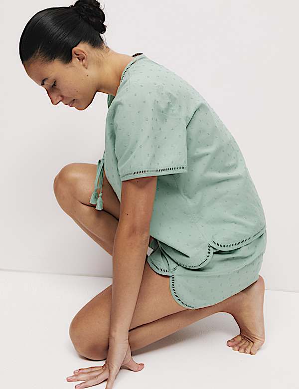 Pure Cotton Dobby Tie Front Pyjama Top Set - KG