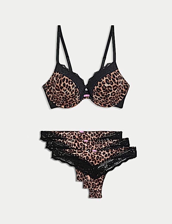 Printed Lace Trim Wired Push-Up Bra Set A-E - RS