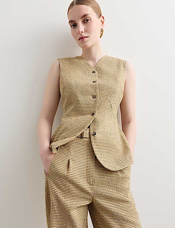 Cotton Rich Checked Seersucker Waistcoat & Trousers Set