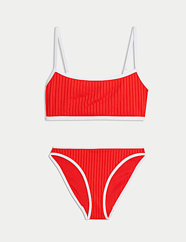 Ribbed Contrast Tipping Scoop Neck Bikini Set - JP