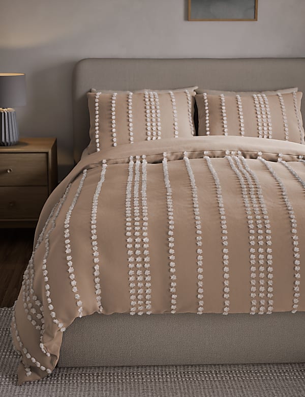Marks Spencer Pure Cotton Striped Tufted Bedding Set Neutral 5FT