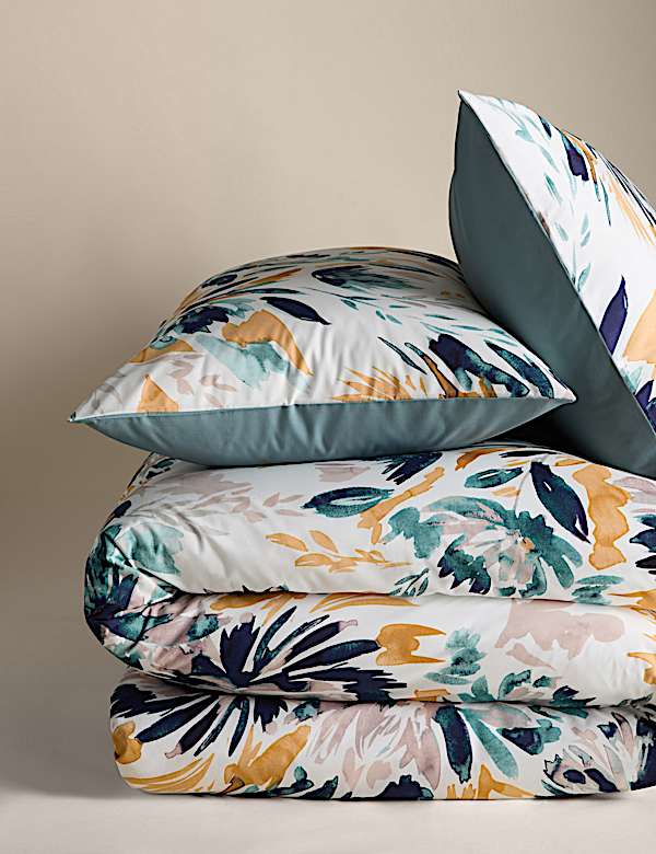 Parure de lit 100 % coton à motif fleuri façon aquarelle - BE