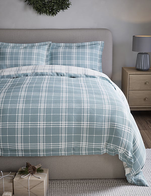 Pure Brushed Cotton Checked Bedding Set BLUE MIX Bedding Sets M S KR