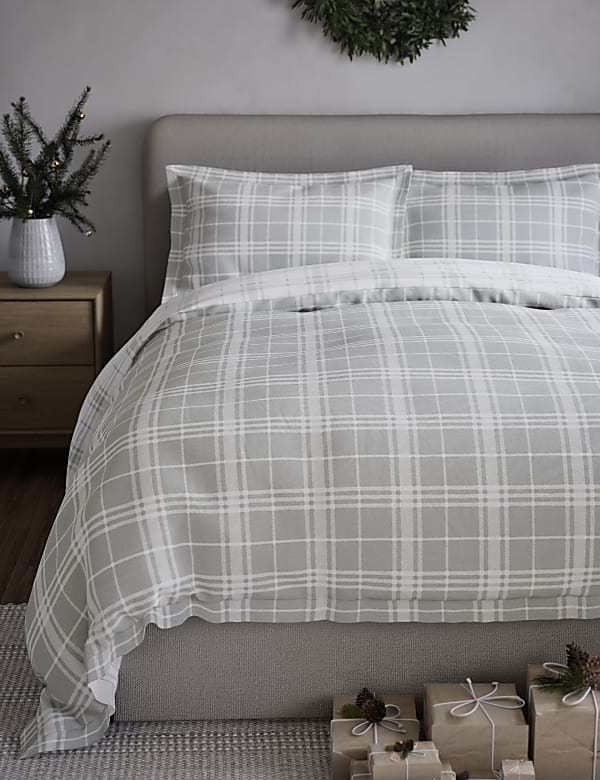 Marks Spencer Pure Brushed Cotton Checked Bedding Set Grey Mix 5FT