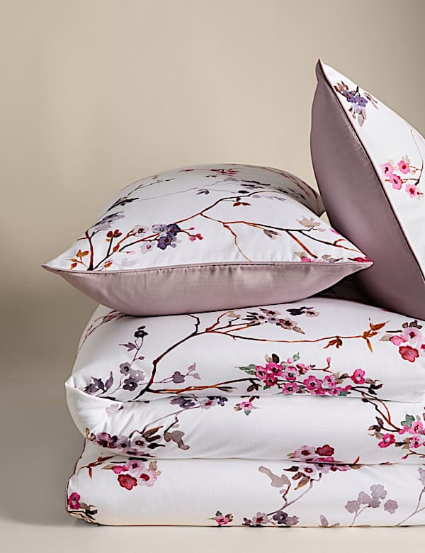 Juego de sábanas 100 % algodón satinado con estampado de flores de cerezo - US