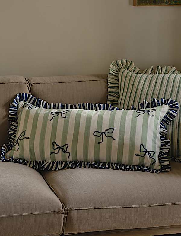 Cotton Rich Striped Bow Bolster Cushion - GR