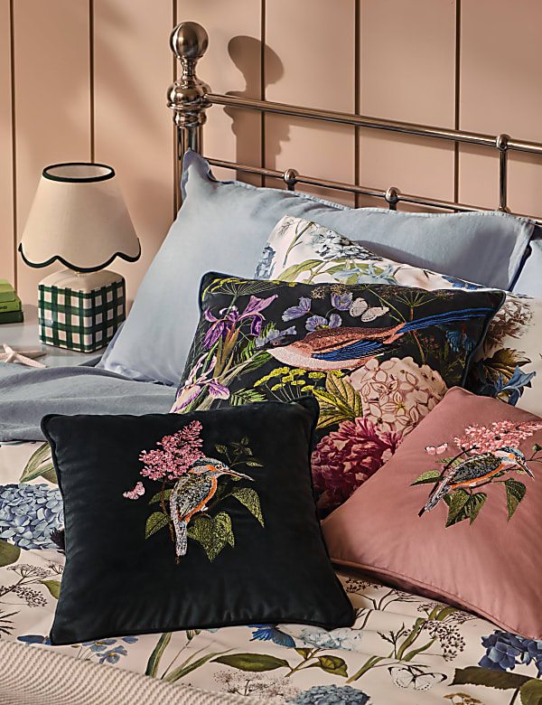 Velvet Floral Bird Embroidered Cushion