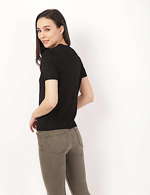 Knitted Crew Neck Short Sleeve Top - CZ