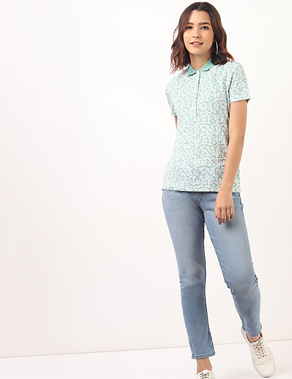 Pure Cotton Floral Polo Neck T-Shirt