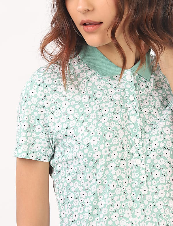 Pure Cotton Floral Polo Neck T-Shirt