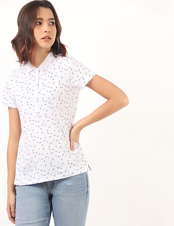 Pure Cotton Printed Polo Neck T-Shirt