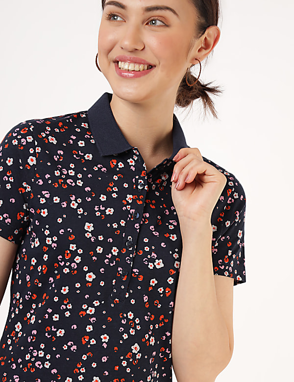 Pure Cotton Floral Polo Neck T-Shirt