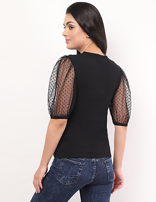 Cotton Mix Plain Crew Neck Top