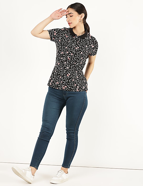 Pure Cotton Floral Collar Neck T-Shirt