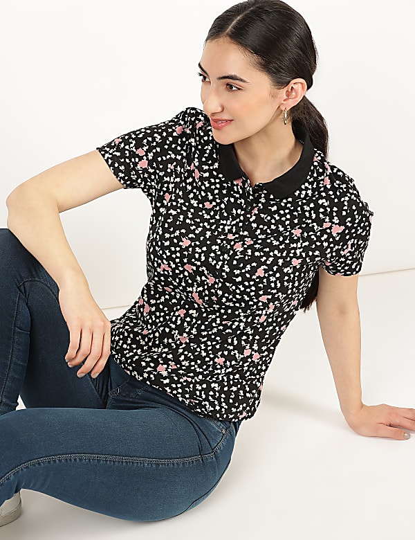 Pure Cotton Floral Collar Neck T-Shirt