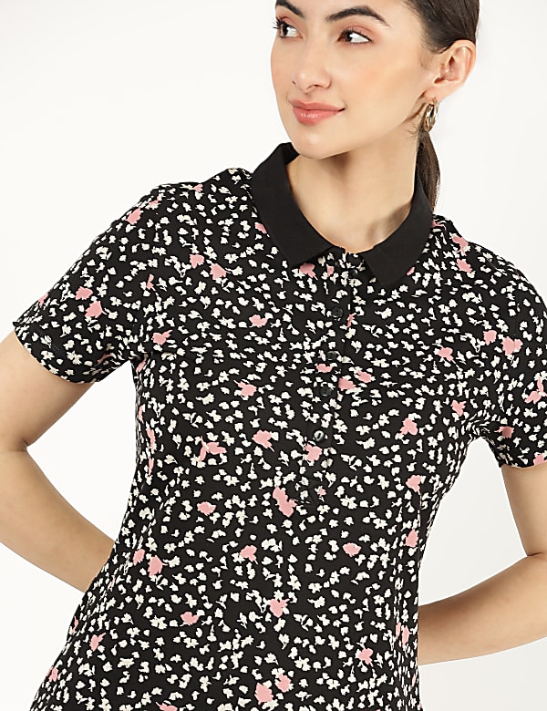 Pure Cotton Floral Collar Neck T-Shirt