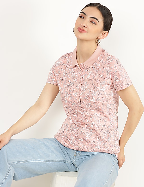 Pure Cotton Floral Collar Neck T-Shirt