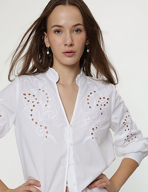 Linen Mix Embroidery Bishop Sleeves Blouse