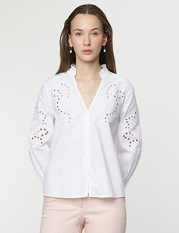 Linen Mix Embroidery Bishop Sleeves Blouse