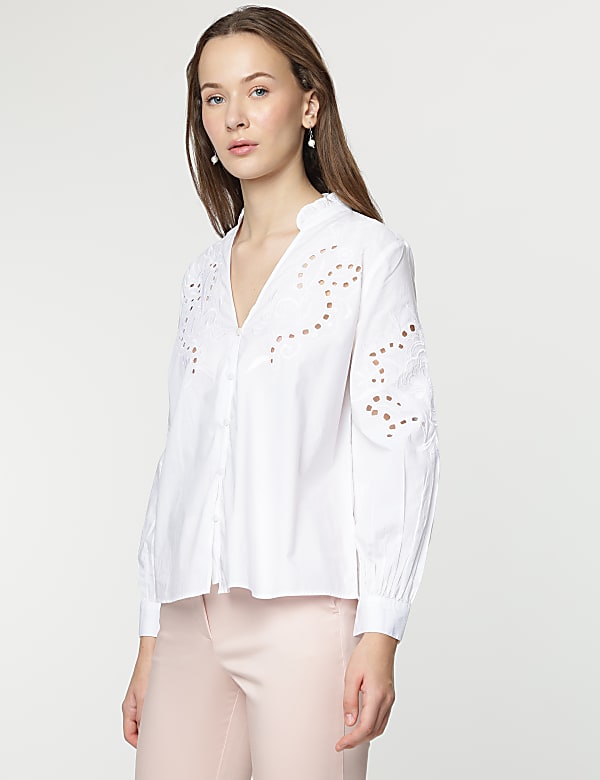Linen Mix Embroidery Bishop Sleeves Blouse
