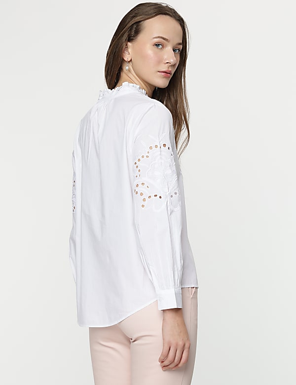 Linen Mix Embroidery Bishop Sleeves Blouse