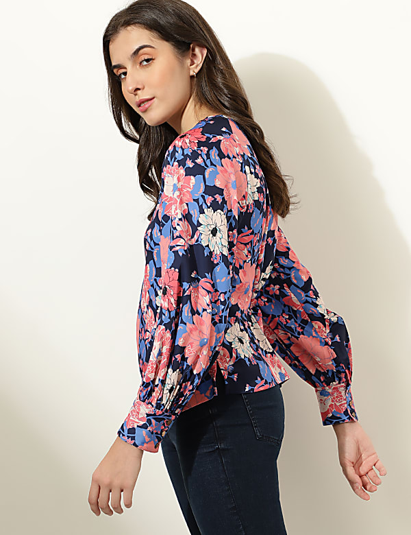Satin Printed Keyhole Neck Top