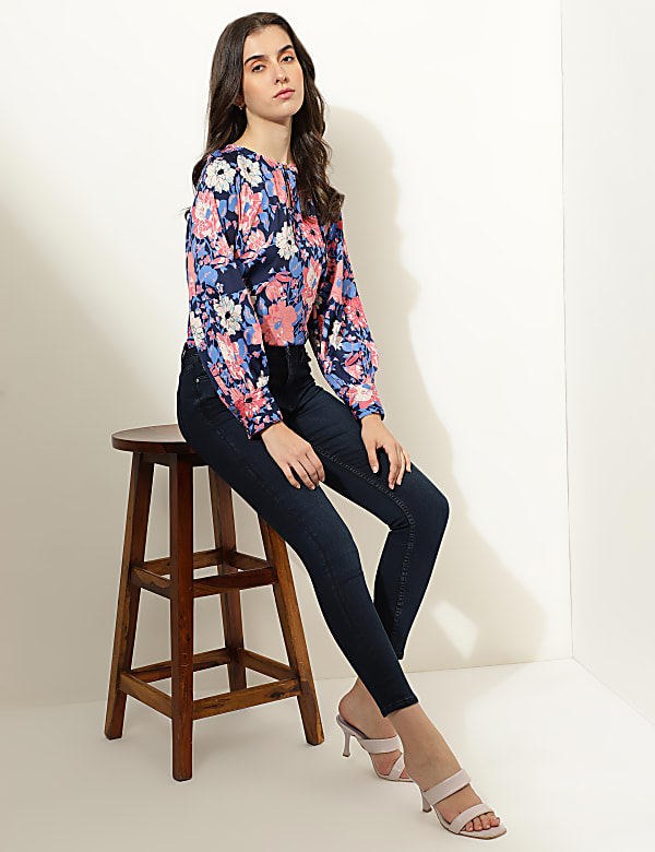 Satin Printed Keyhole Neck Top