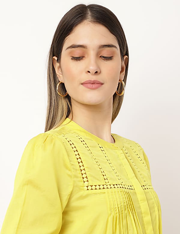 Cotton Mix Thread Work Band Neck Blouse