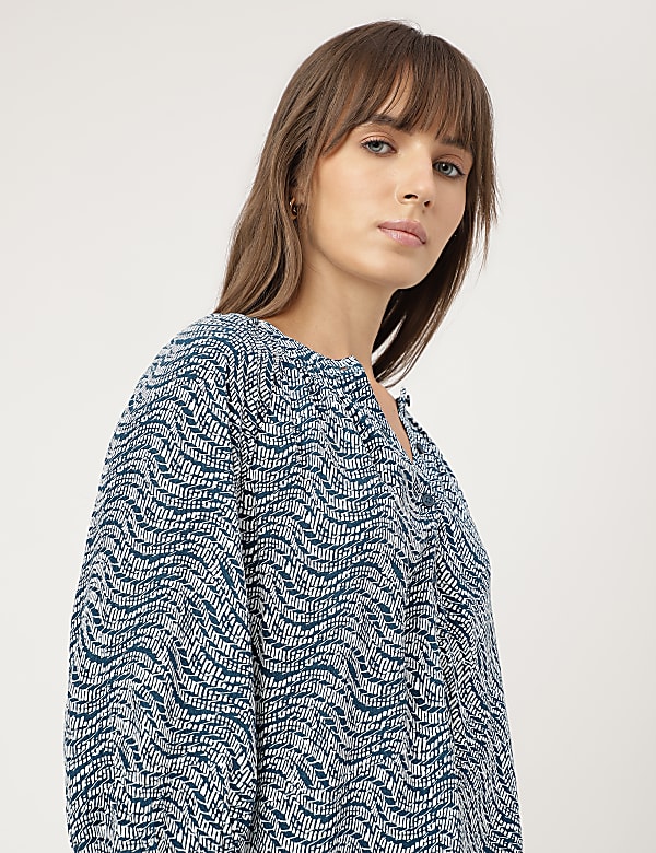 Pure Viscose Printed Band Collar Shirt