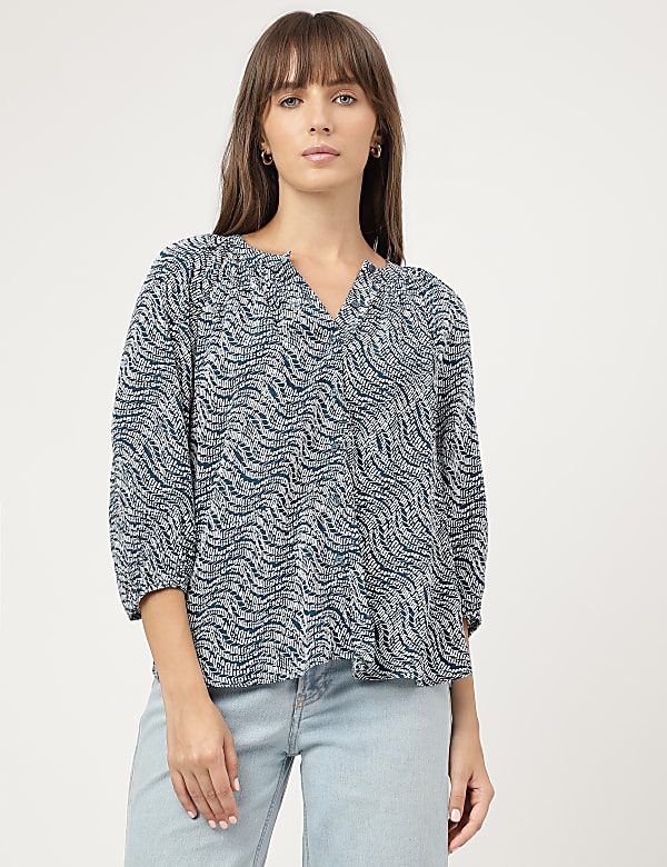 Pure Viscose Printed Band Collar Shirt