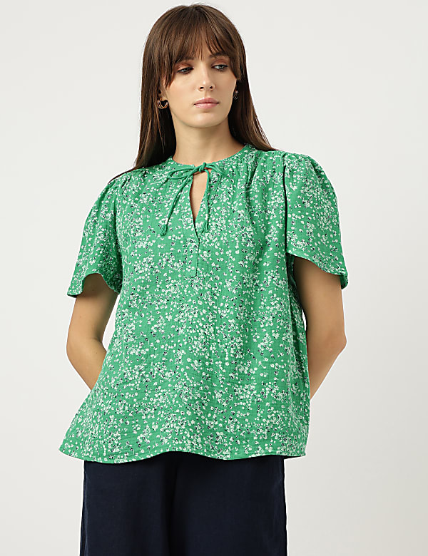 Pure Cotton Floral Print Tie-Up Neck Blouse