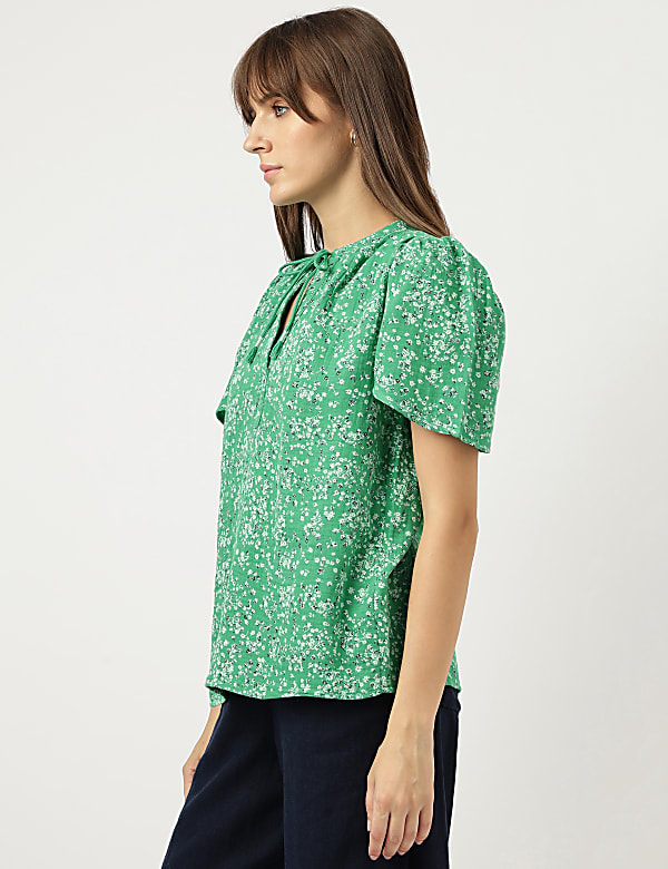 Pure Cotton Floral Print Tie-Up Neck Blouse