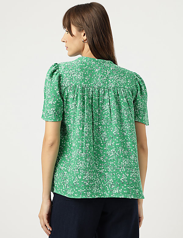 Pure Cotton Floral Print Tie-Up Neck Blouse