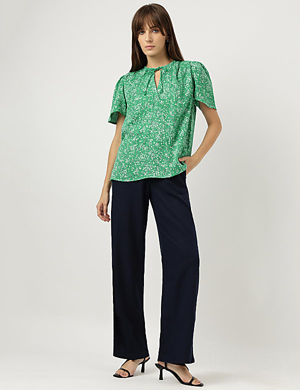Pure Cotton Floral Print Tie-Up Neck Blouse