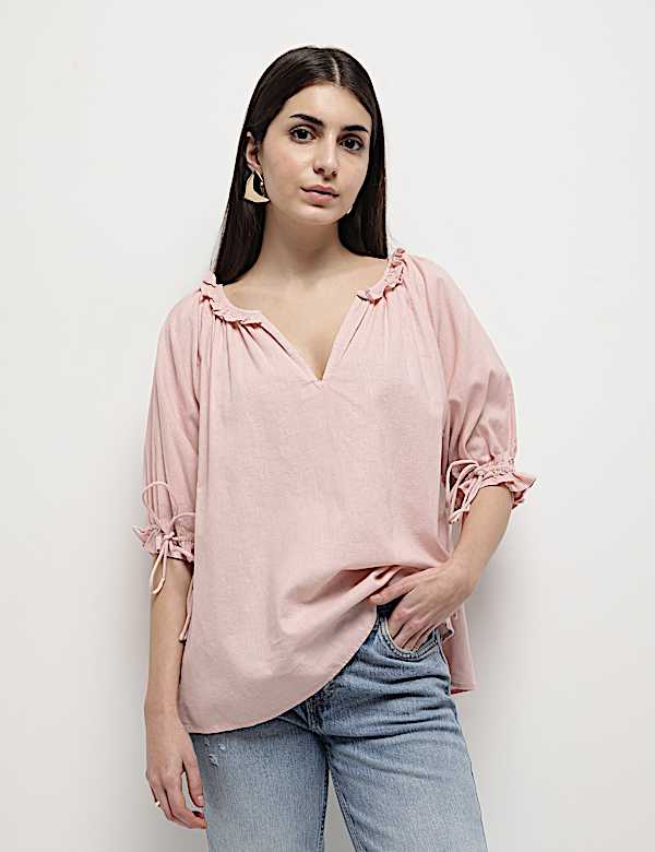 Linen Rich Ruffled Neck Blouson Top