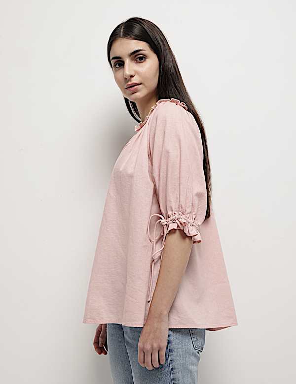 Linen Rich Ruffled Neck Blouson Top